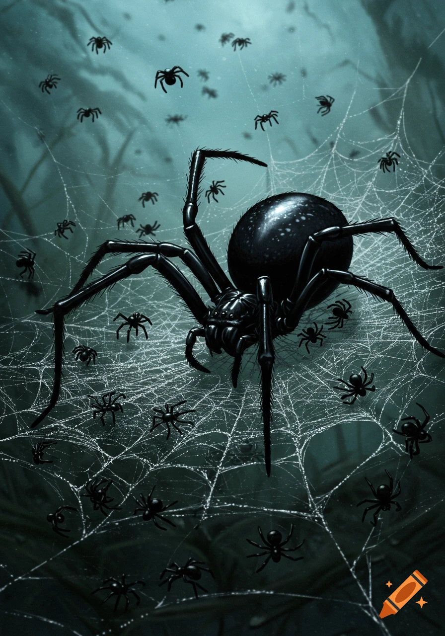 A large black spider on a detailed white web, surrounded by many smaller black spiders, against a dark teal background.