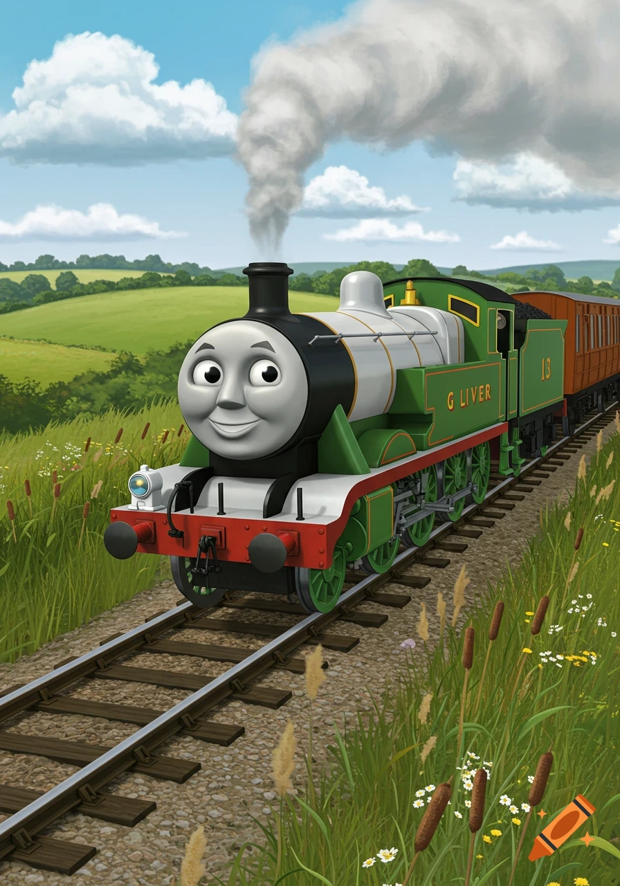 A cartoon green train with a smiling face, labeled "G LIVER" and "13", steams along tracks through a grassy field under a blue sky.
