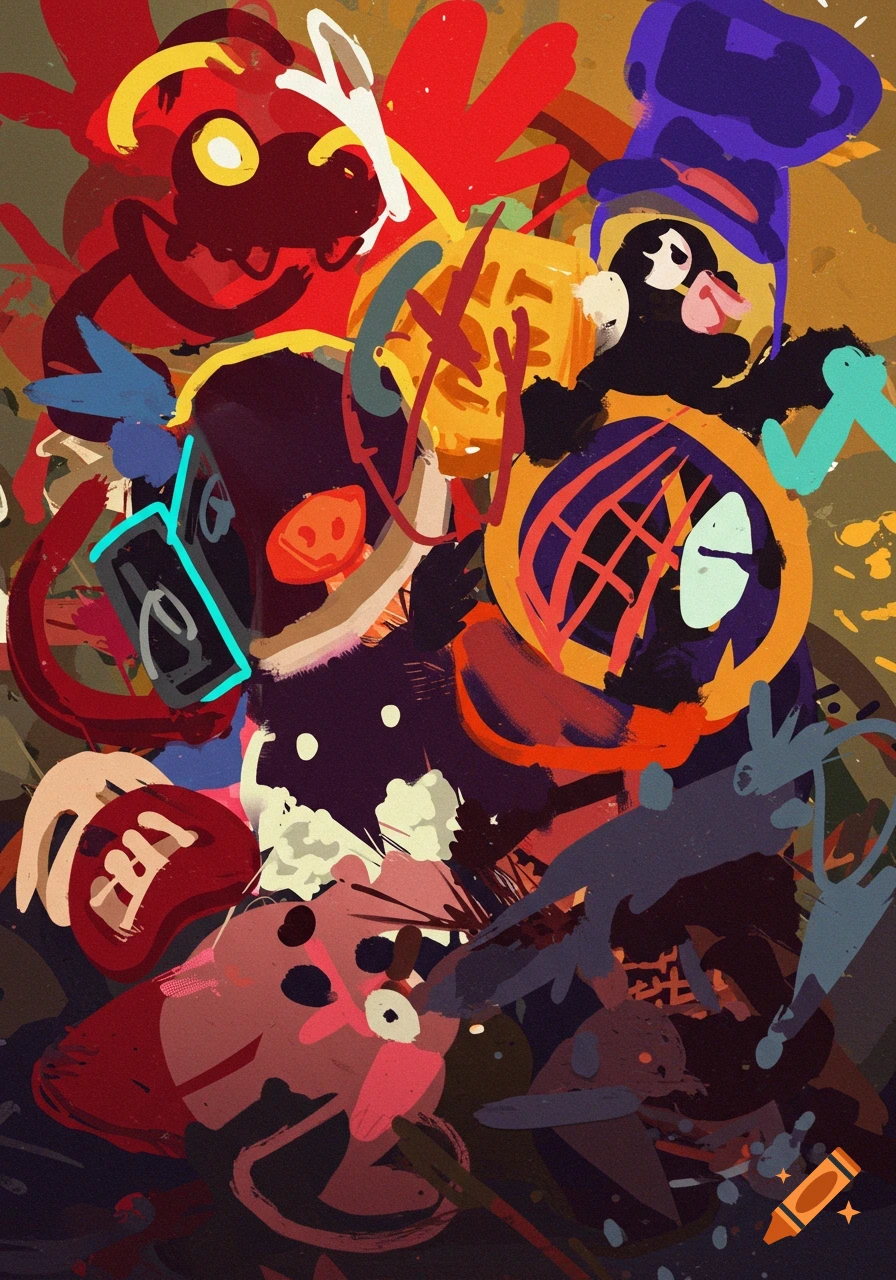 Abstract, colorful painting in a naive style with strong strokes, powerful contrasts, and a dark base, resembling graffiti.