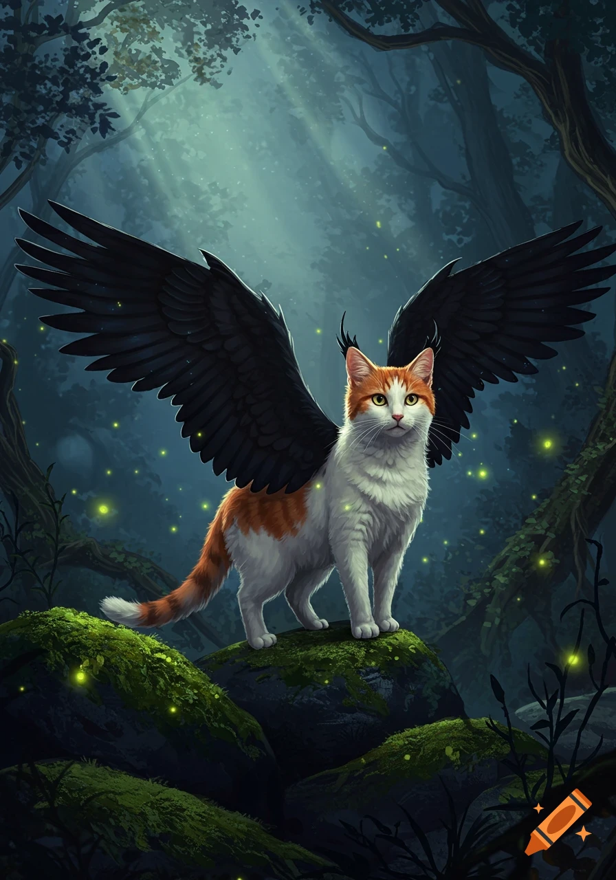 A white and ginger winged cat stands on mossy rocks in a dark fantasy forest with glowing lights.