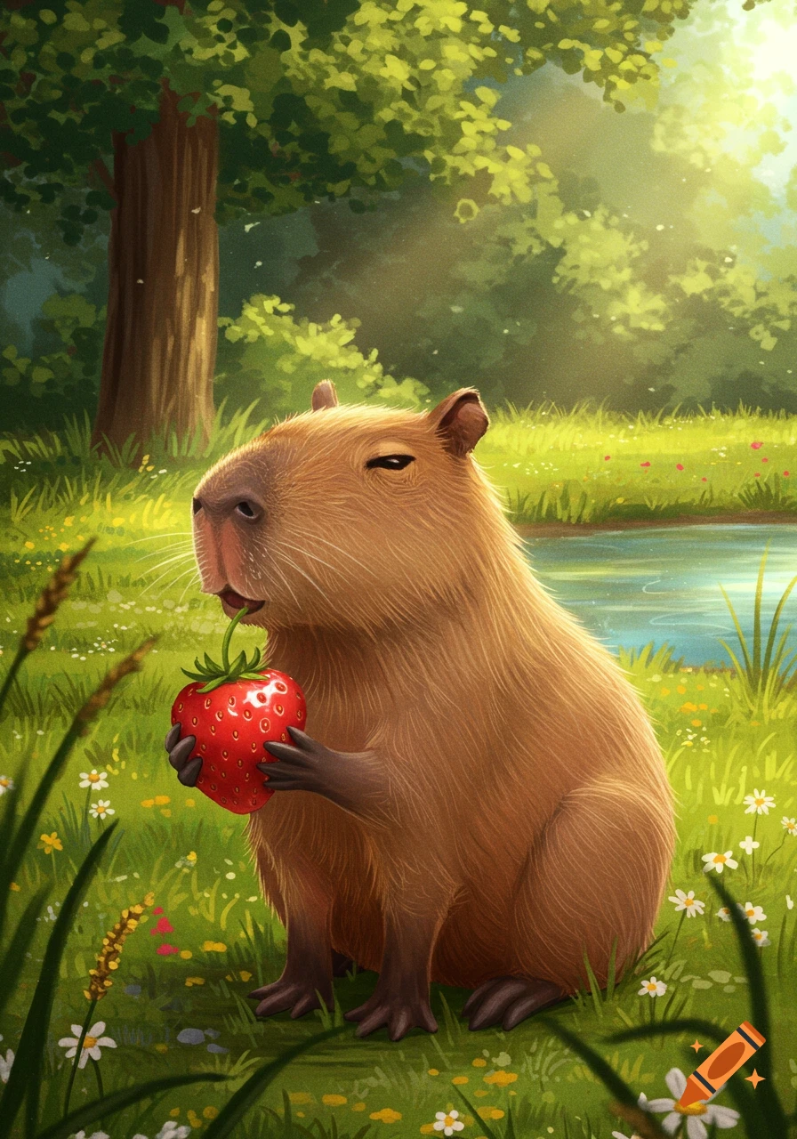 A cute capybara sits in a grassy field by a river, holding and nibbling a large red strawberry. Bright sunlight filters through green trees.