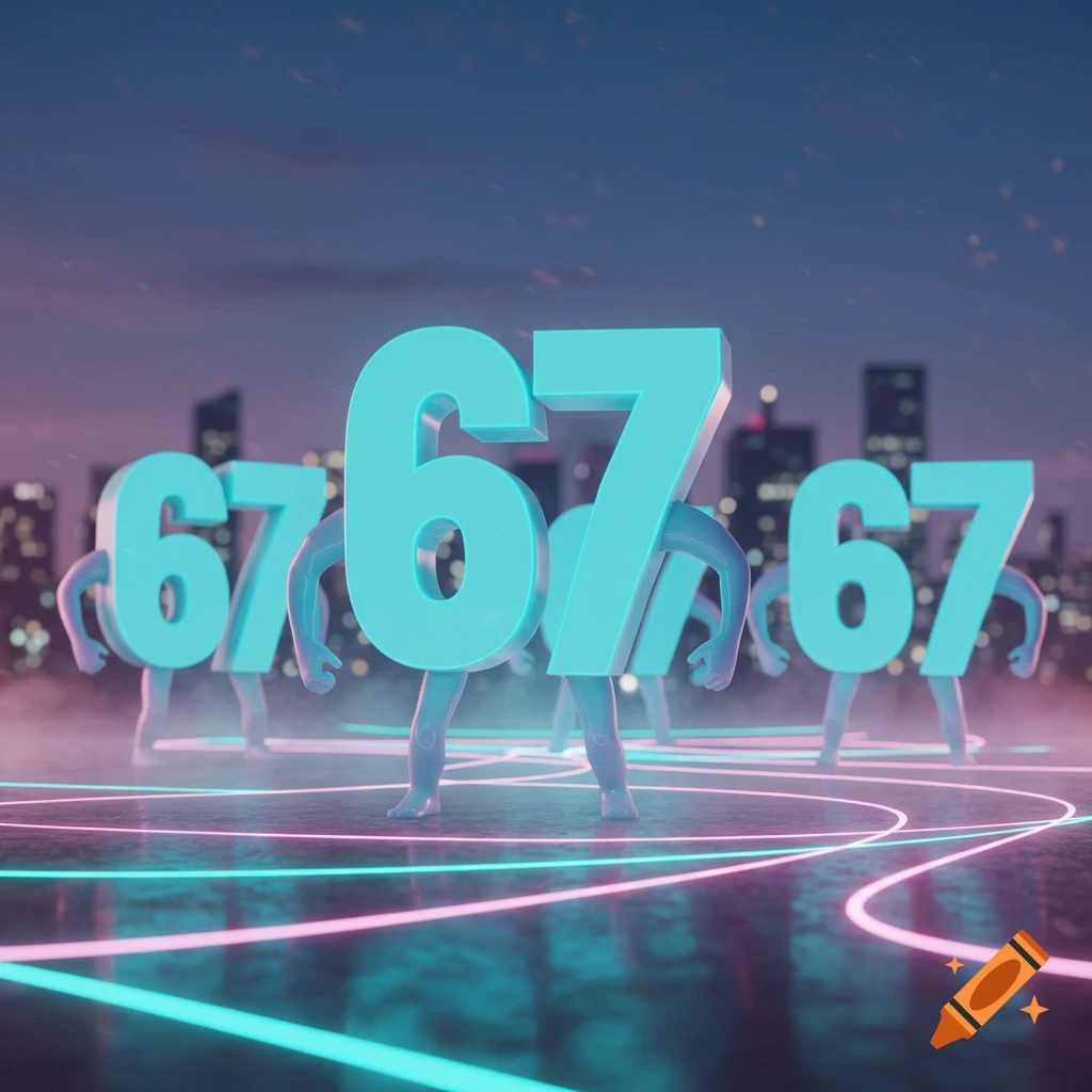 Multiple glowing blue 67 numbers with arms and legs stand in a neon-lit cityscape at dusk in a 3D render.