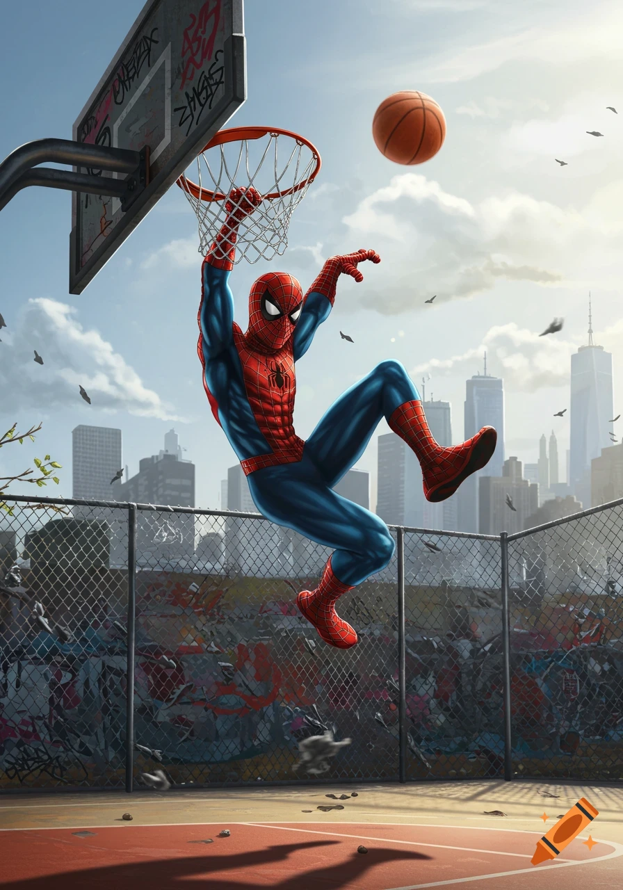 Spider-Man dunks a basketball on an outdoor court with a city skyline in the background, in a comic art style.
