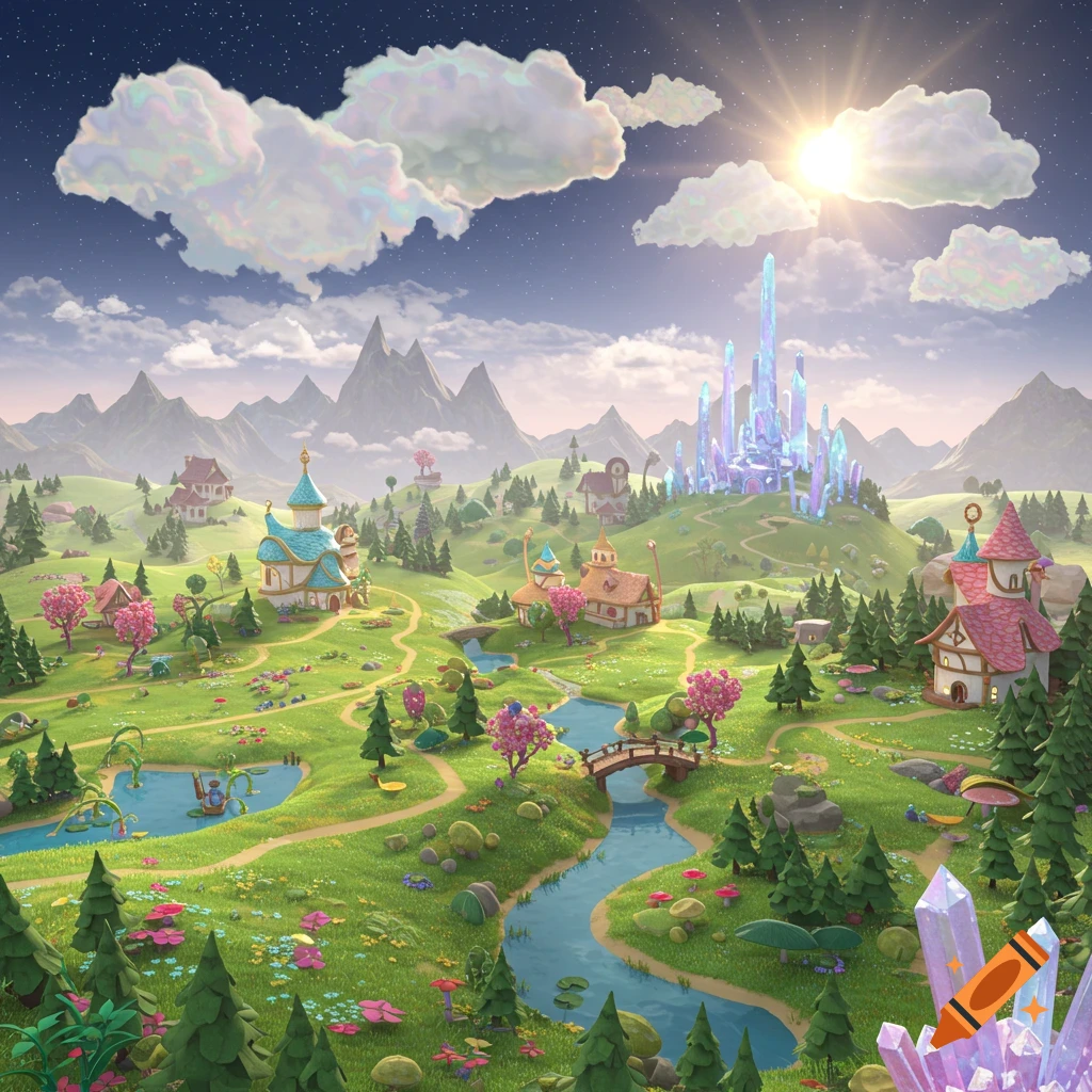 A colorful 3D fantasy game map with a crystal castle, whimsical houses, winding rivers, and lush landscapes under a bright sky.