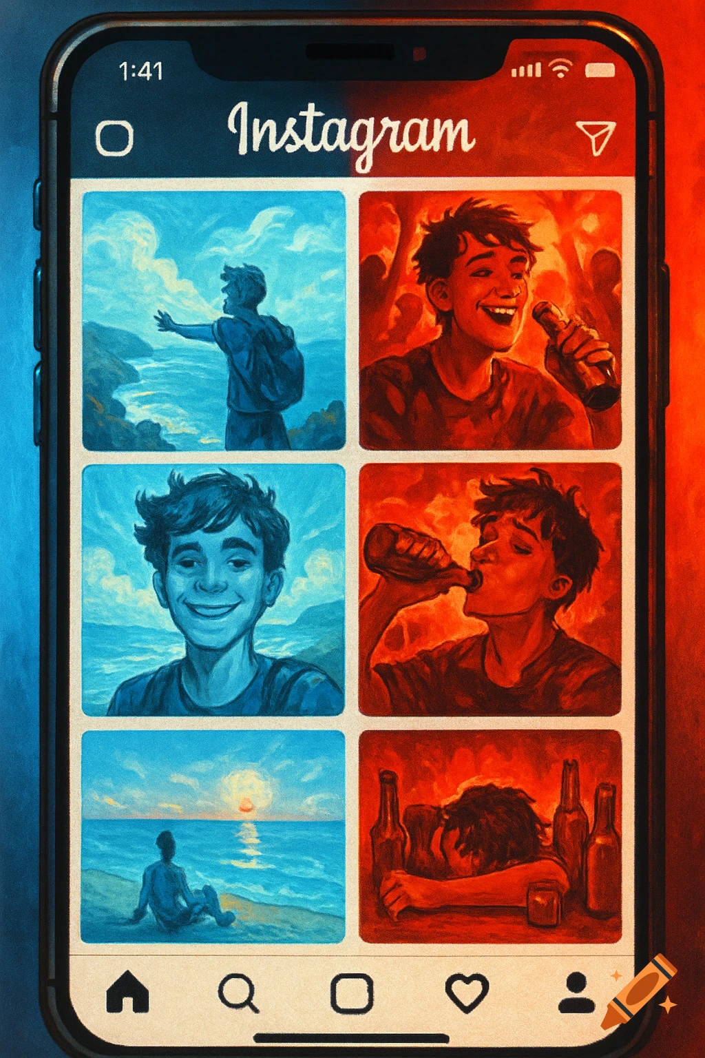 A smartphone displays a split-screen Instagram feed: blue images of nature travel contrast with red images of a person partying and drinking.