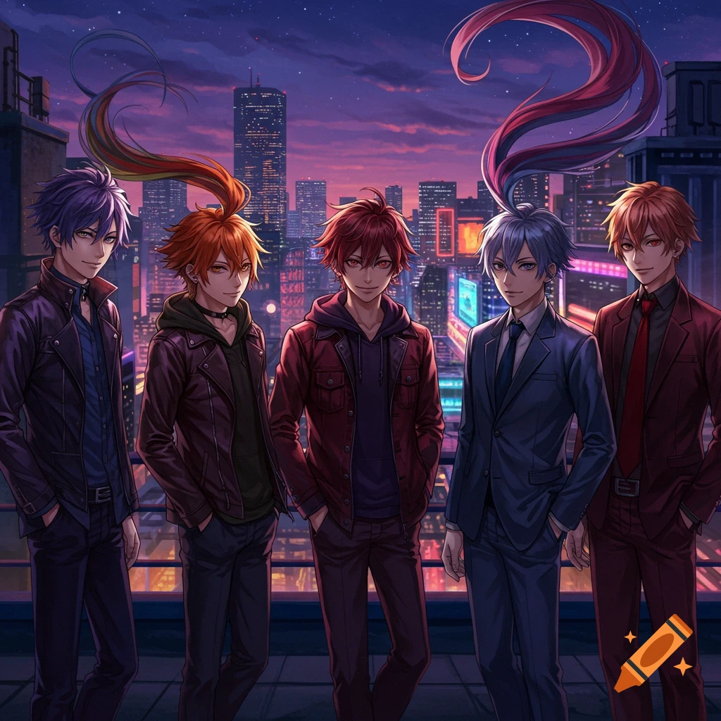 Five anime boys with spiky hair stand on a rooftop overlooking a vibrant purple and orange city skyline at dusk.