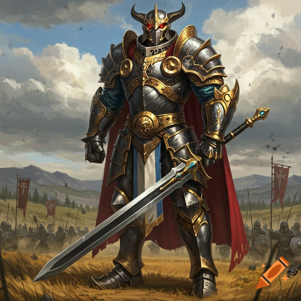A heavily armored horned knight with glowing red eyes stands on a battlefield, holding a large sword, with an army in the background.
