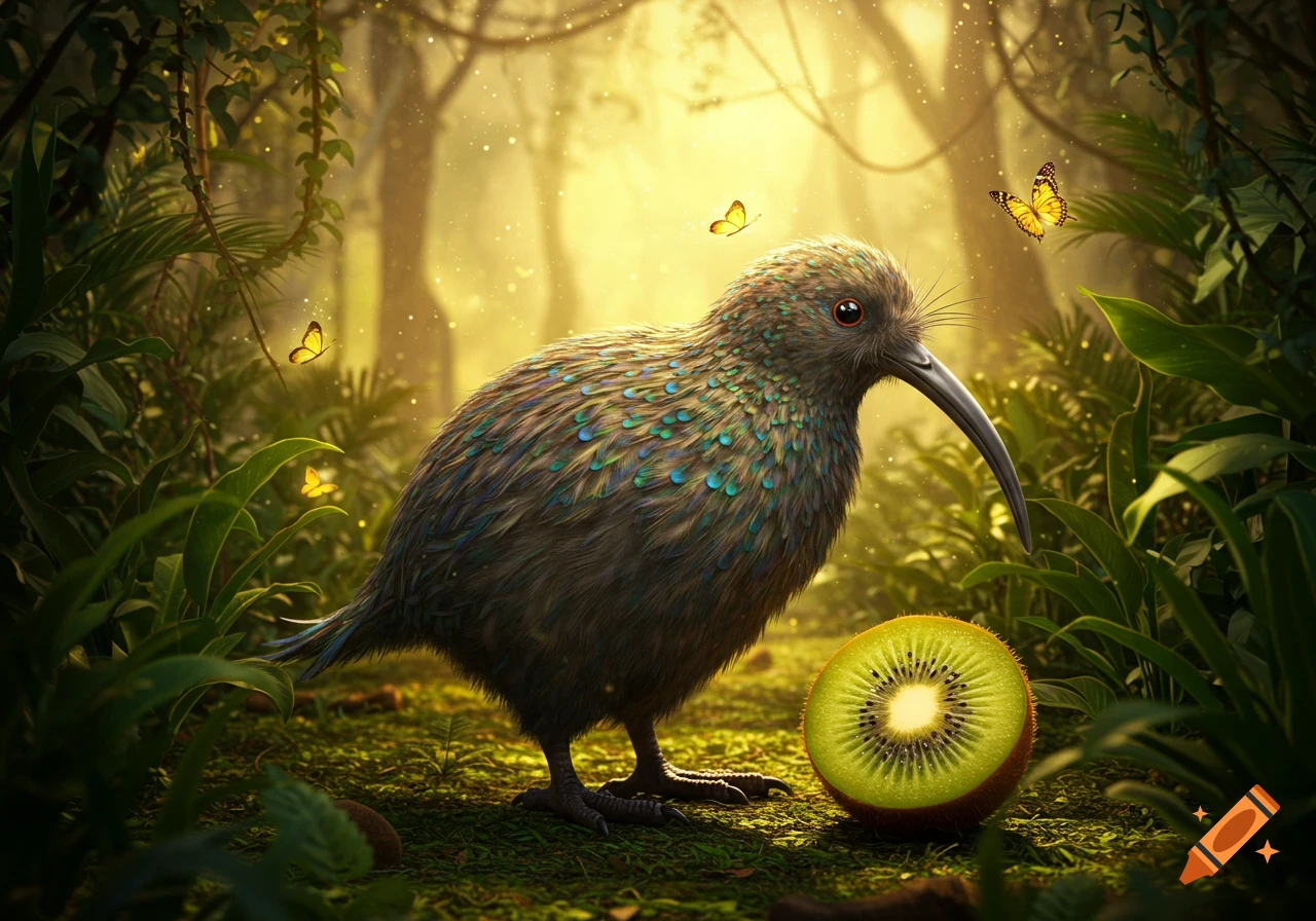 A brown kiwi bird with colorful speckled feathers stands next to a sliced kiwi fruit in a sunlit, magical forest with butterflies.