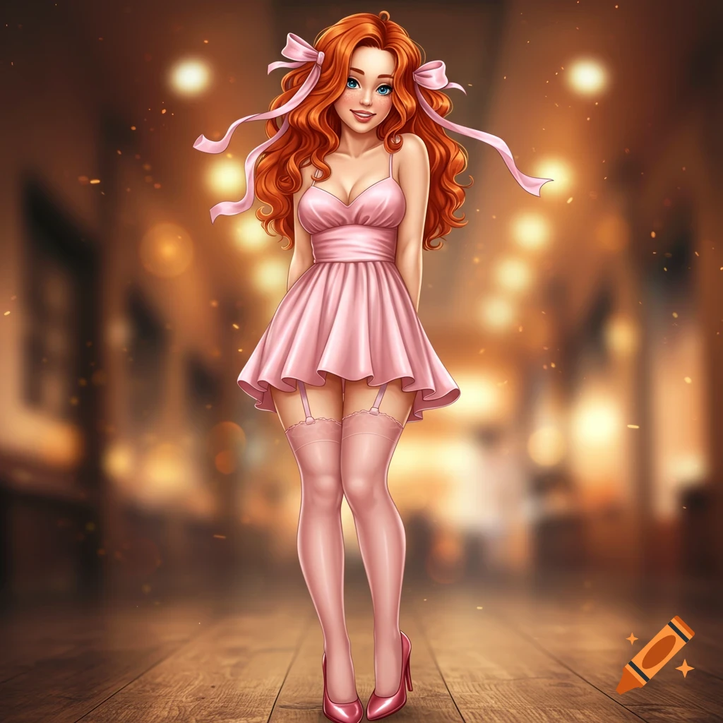 Digital illustration of a smiling red-haired woman in a pink babydoll dress, pink stockings, pink ribbons, and pink high heels.
