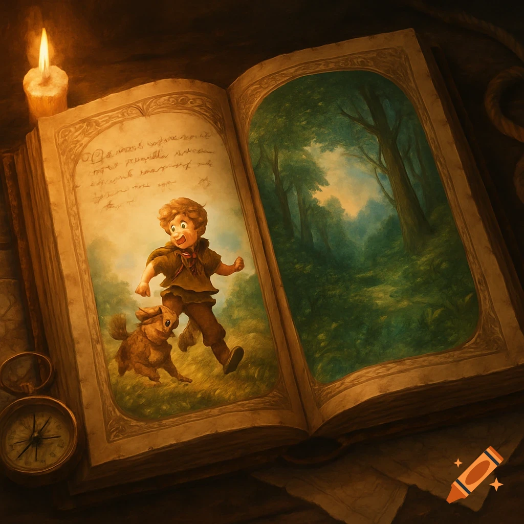 An open storybook with a candle and compass. The left page illustrates a cheerful boy and a dog running through a forest, while the right page shows a dense, misty forest scene in an illustrated style.
