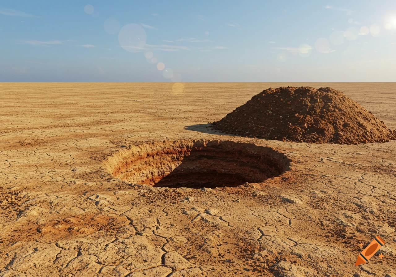 A freshly dug pit with a mound of soil next to it on dry, cracked land under a clear blue sky.