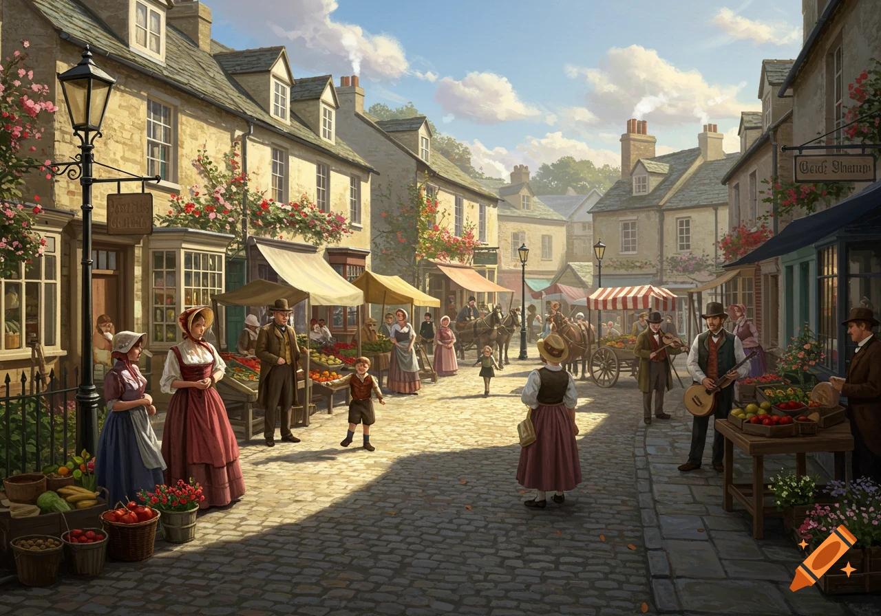 A vibrant painting of a bustling 1800s village square market on a sunny day.