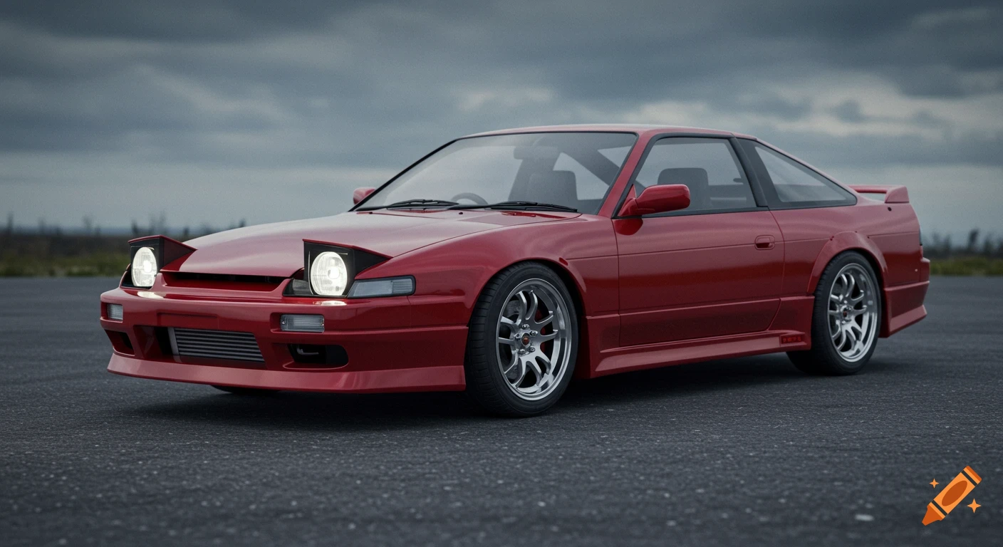 A sleek, glossy red 1990s Japanese sports coupe with pop-up headlights, parked on asphalt under an overcast sky.