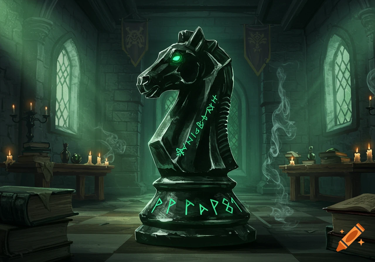 A dark, glowing green chess knight stands in a dimly lit, Gothic castle room with candles, books, and green light.