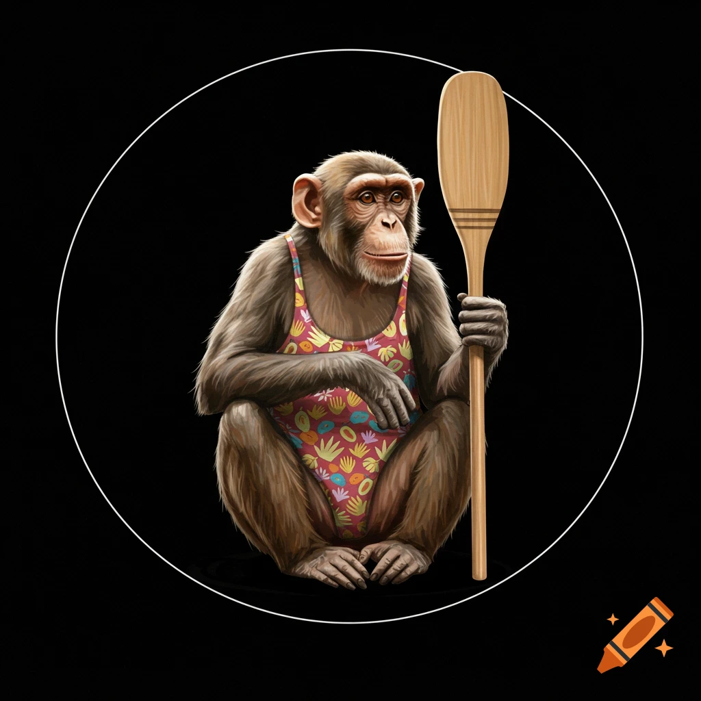 An illustration of a chimpanzee in a colorful patterned swimsuit, sitting and holding a wooden oar.