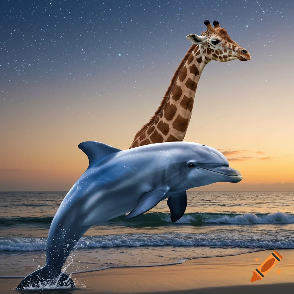 A blue dolphin jumps from the ocean at sunset, with the head and neck of a giraffe appearing behind it against a starry sky.