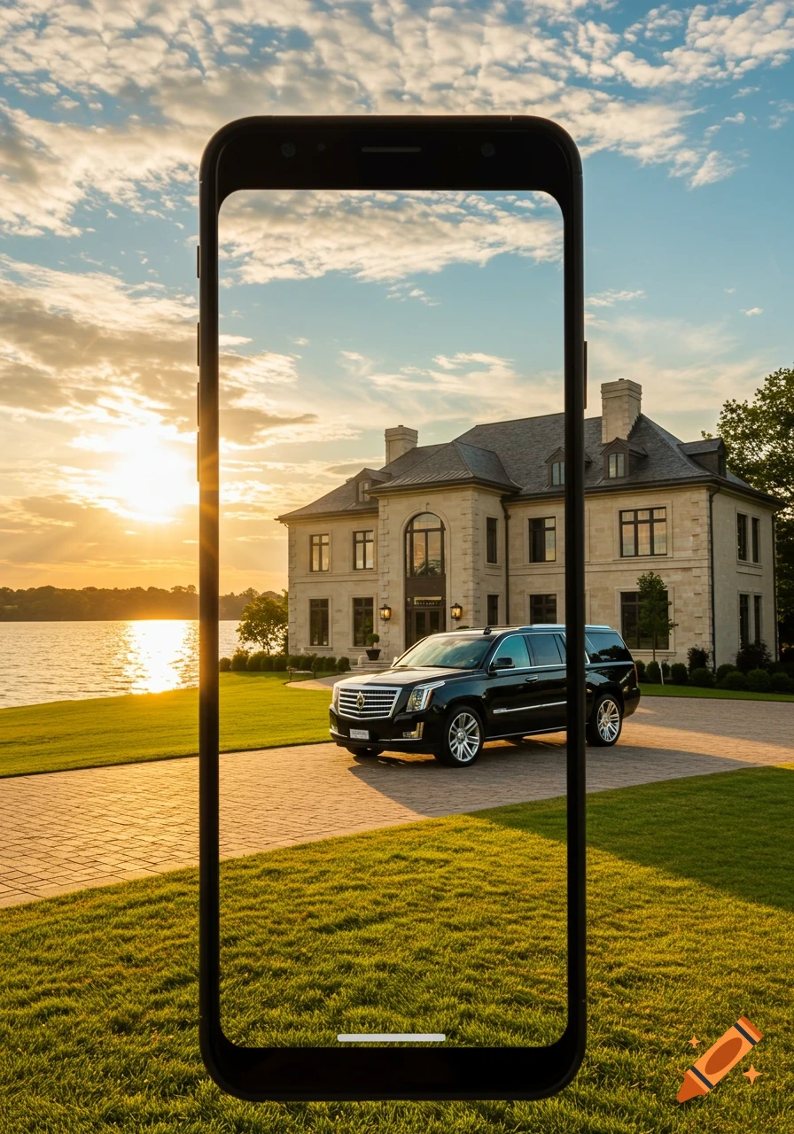 A black Cadillac Escalade parked at a large waterfront mansion during sunset, framed by a smartphone.