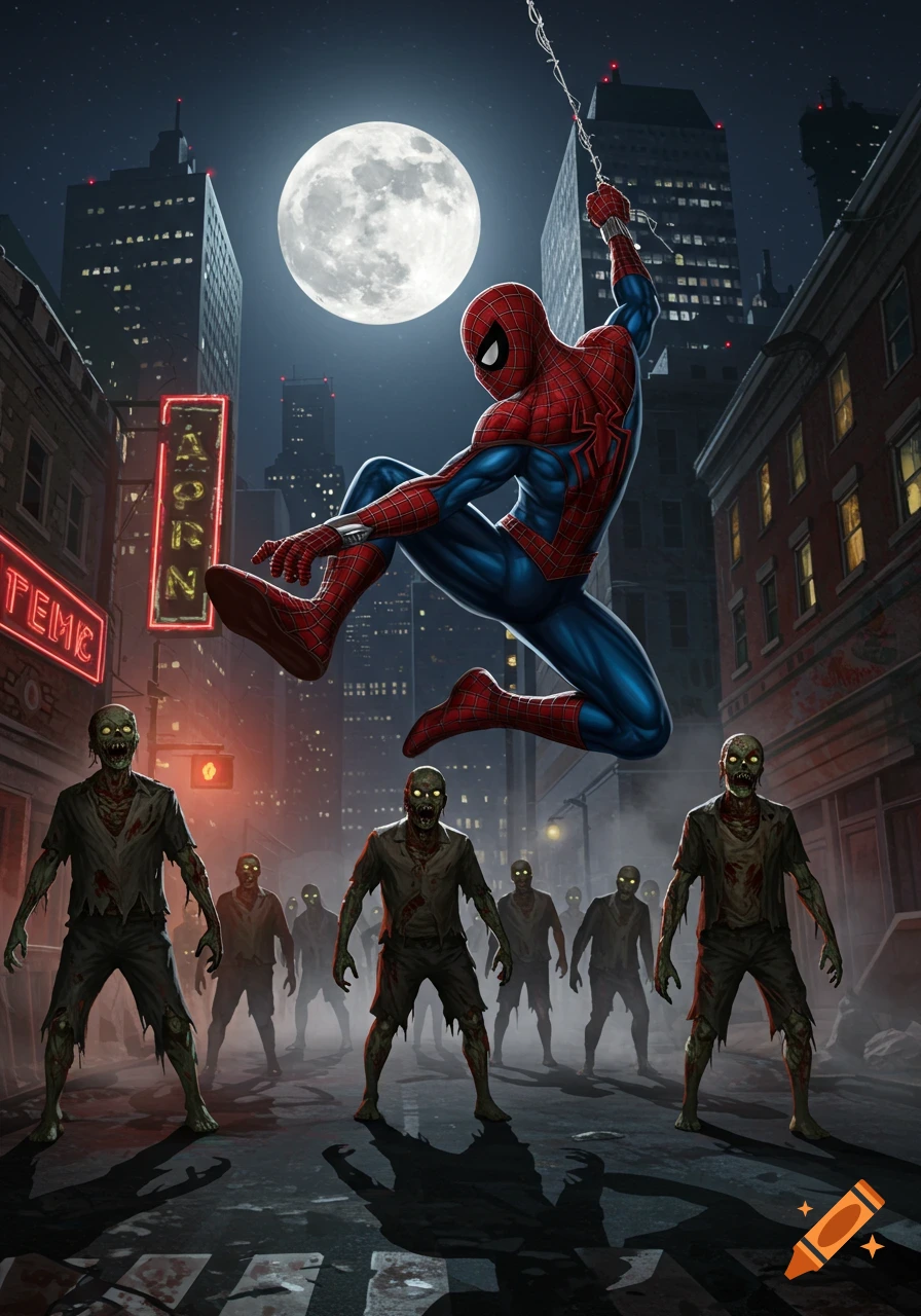 Spider-Man swings through a night city, full moon behind him, as a horde of zombies approaches. Comic art style.