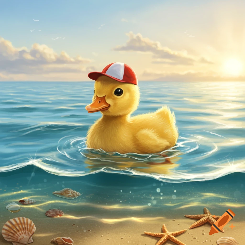 A cute yellow duckling wearing a red and white cap swims in the blue ocean with seashells and starfish on a sandy beach.