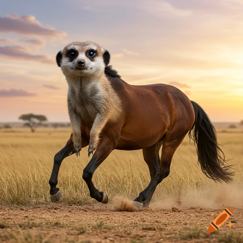 A photorealistic meerkat-horse hybrid animal runs through a golden savanna at sunset, kicking up dust.