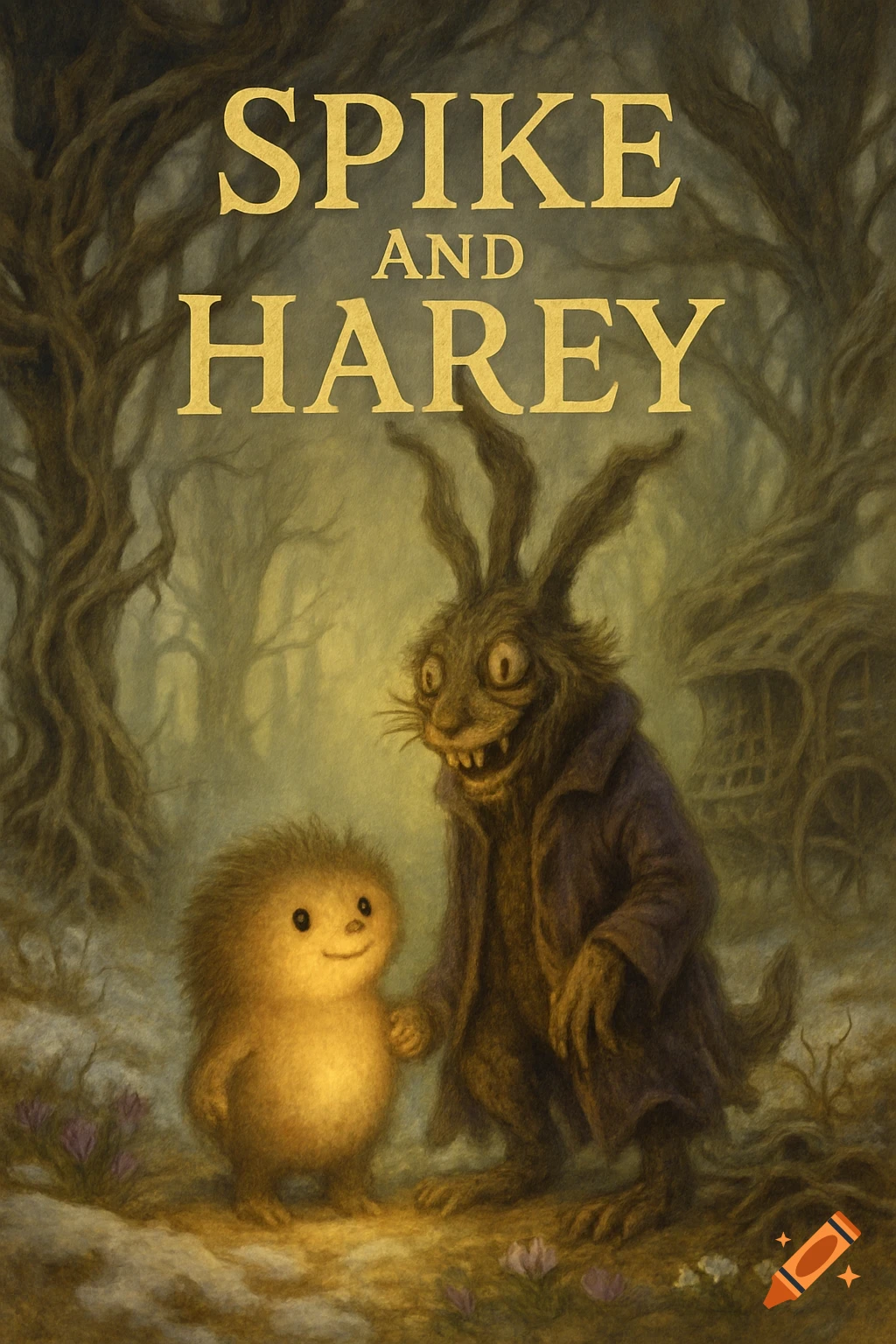 Painterly fantasy illustration of a cute hedgehog and a grinning, rabbit-like creature in a misty forest under the title 'SPIKE AND HAREY'.