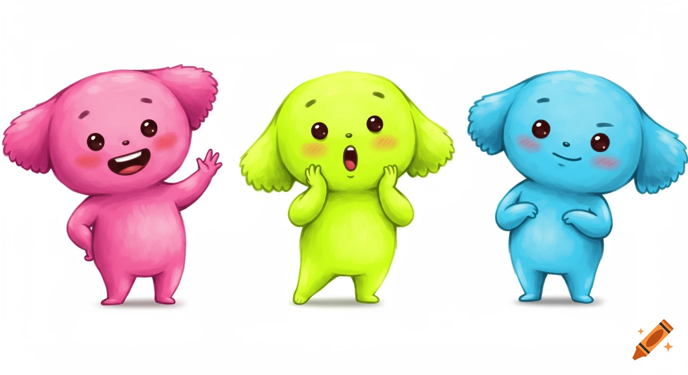 Three cute, cartoonish creatures on a white background: a pink one grinning and waving, a green one with a surprised expression, and a blue one smirking.
