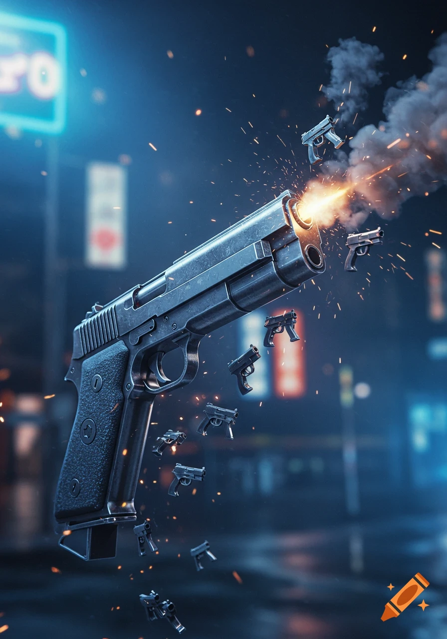 A large handgun firing a volley of smaller handguns with muzzle flash, sparks, and smoke against a blurry neon city background.