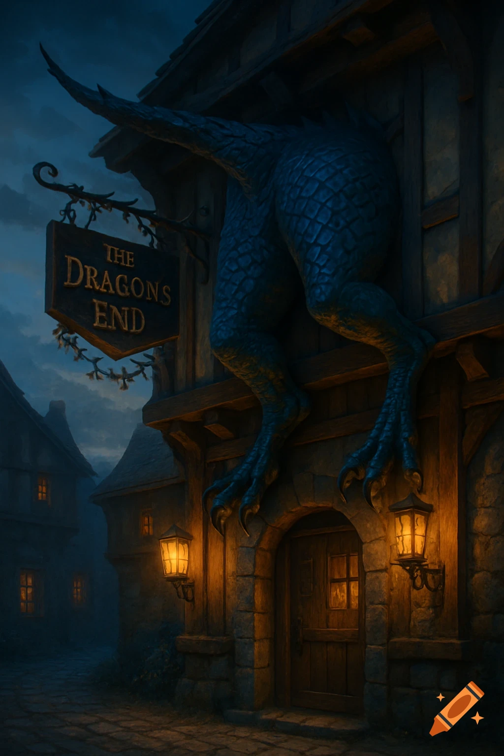 A semi-realistic fantasy tavern named 'The Dragon's End' with a blue dragon's hindquarters mounted on its exterior at dusk.