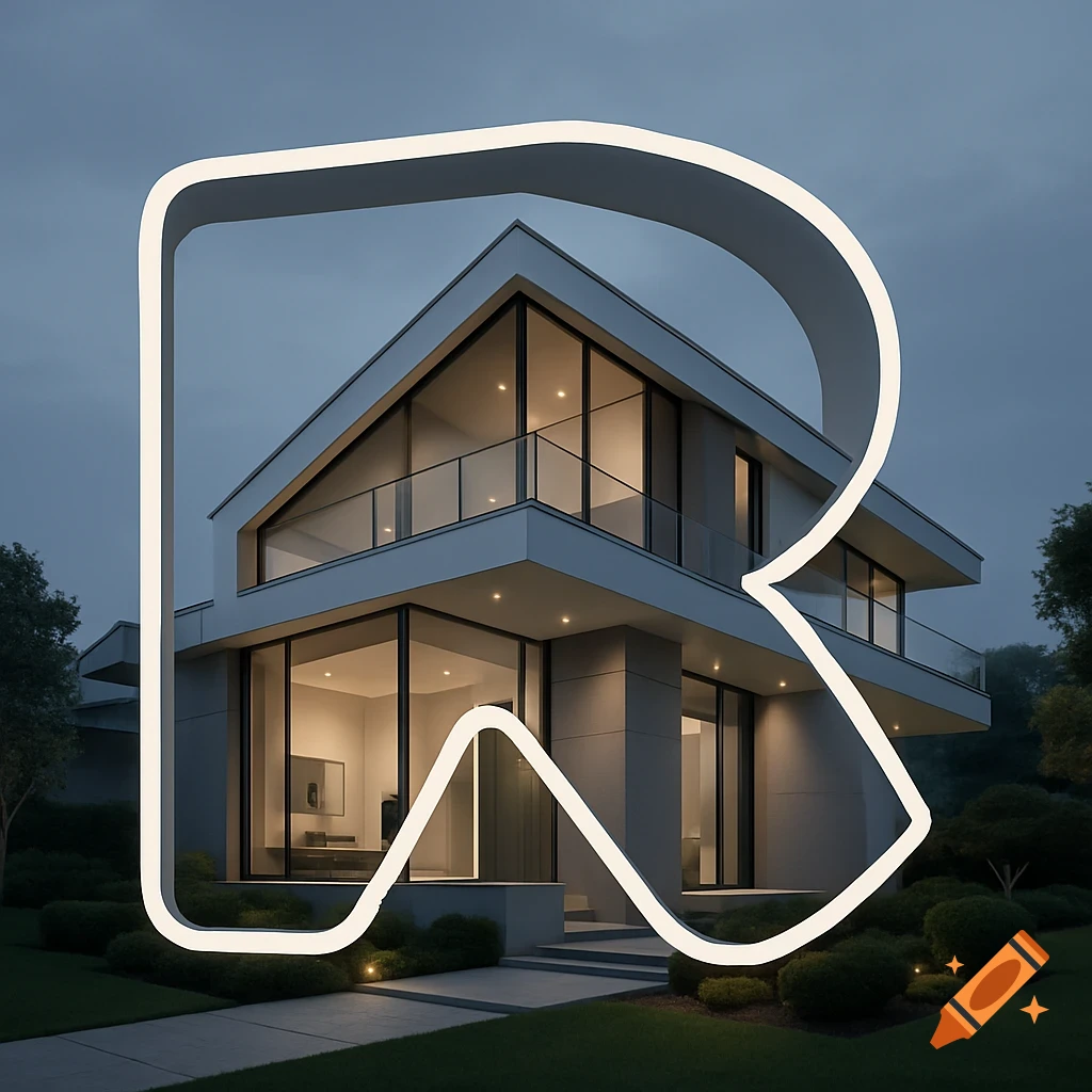 Modern house at dusk framed by a glowing white 'R' outline with landscaping.