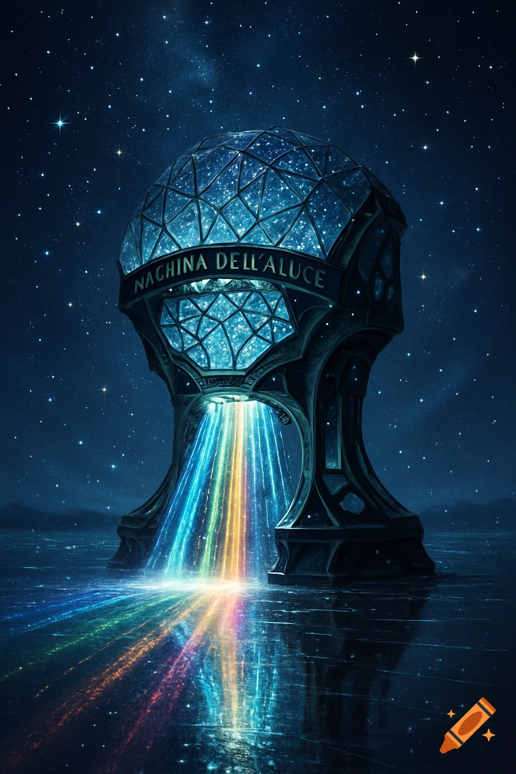 A glowing, futuristic crystal orb structure emitting colorful light beams onto a reflective surface under a starry night sky.