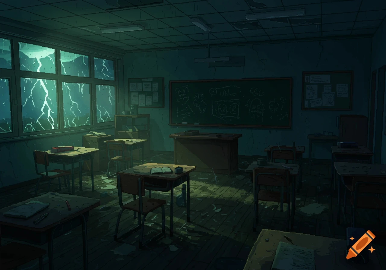 Pixel art of a dark, abandoned classroom at night, with lightning flashing outside the windows, creating a horror atmosphere.