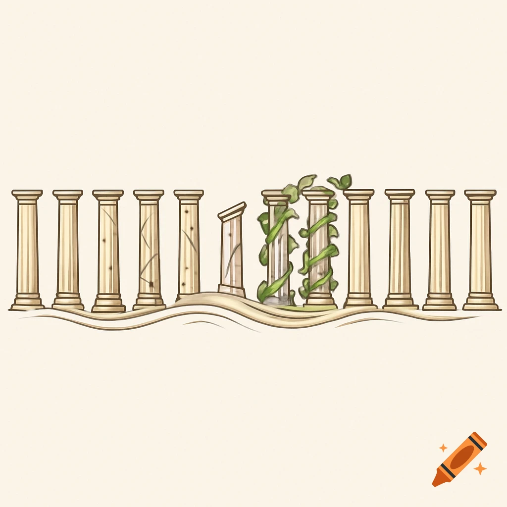 A stylized illustration of a row of classical columns, some intact, one broken, and two covered in green vines.