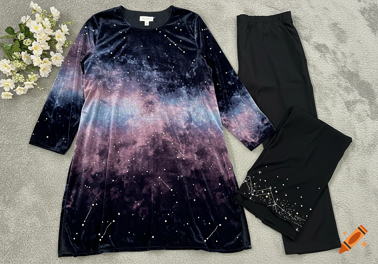 A dark velvet tunic with a purple and blue galaxy print and white star embellishments, paired with black pants featuring scattered star details, displayed on a grey carpet next to a bouquet of white flowers.