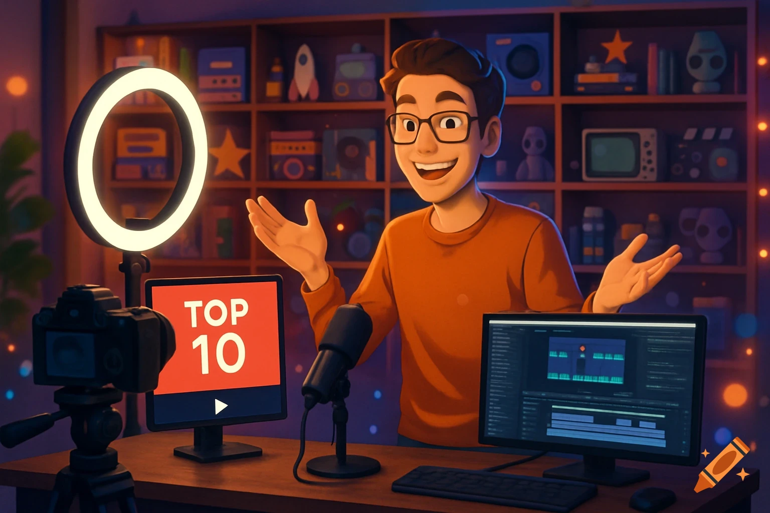 Cartoon vlogger with glasses at a desk, with a ring light, camera, microphone, and monitors displaying 'TOP 10' and video editing software.