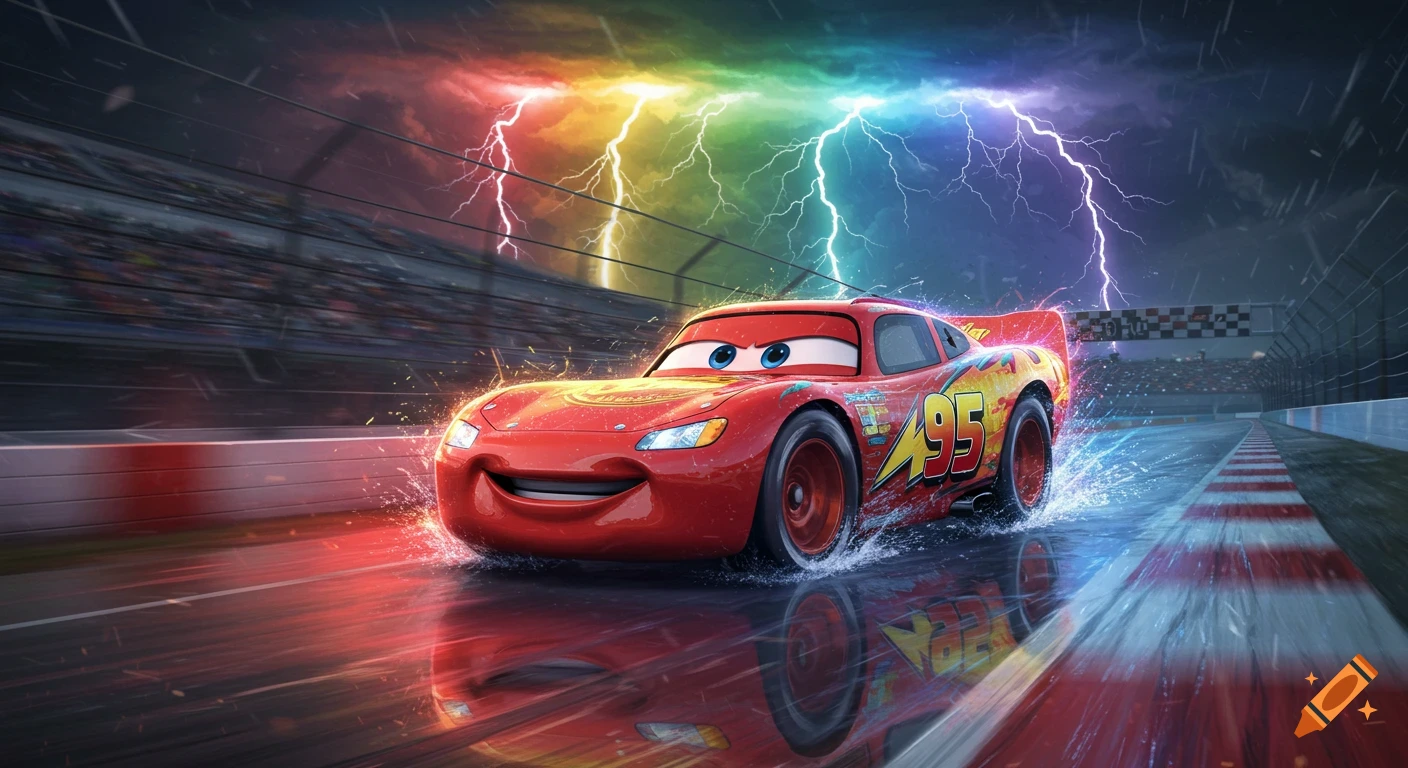 Lightning McQueen racing on a wet track under a stormy sky with rainbow lightning.
