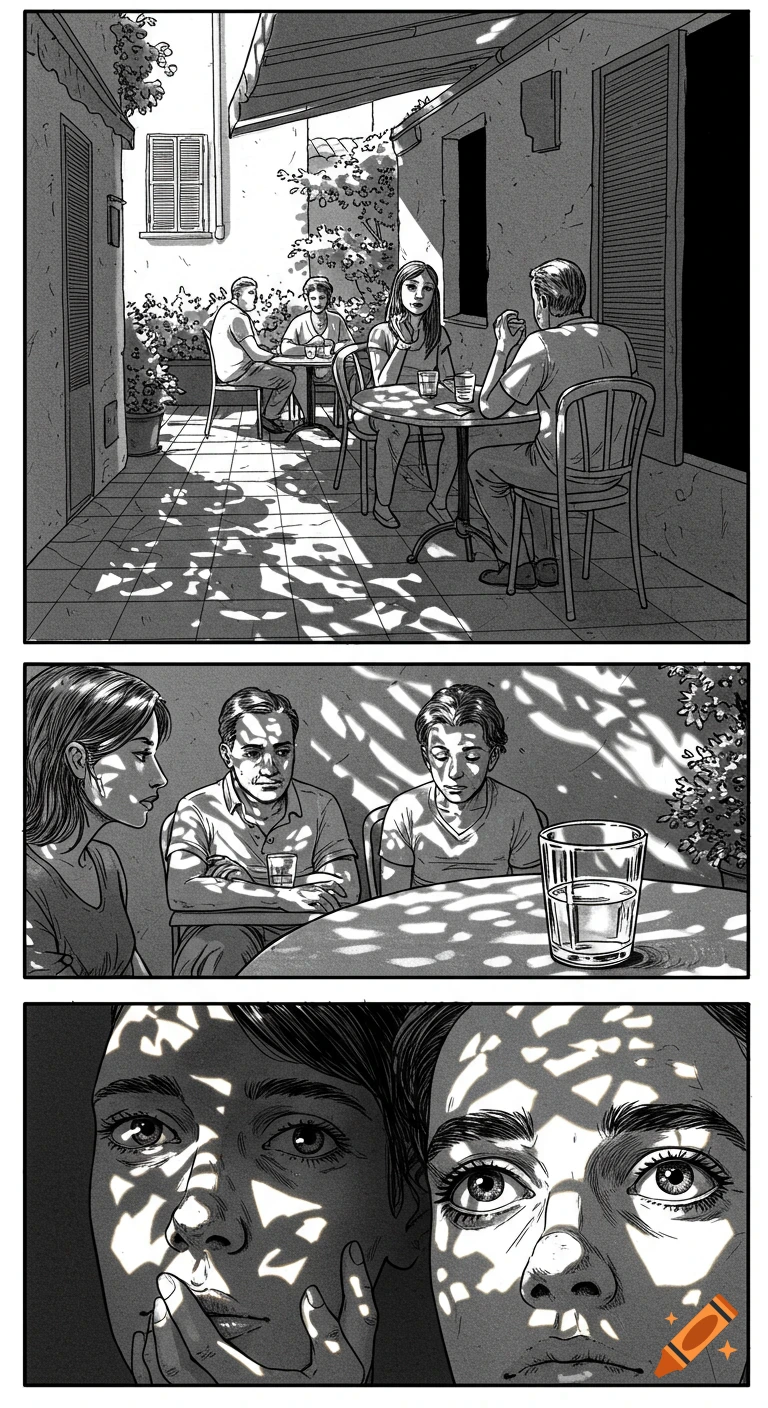 A black and white comic page shows three panels: an outdoor cafe scene, then closer views of people talking, and finally two faces with dappled sunlight.