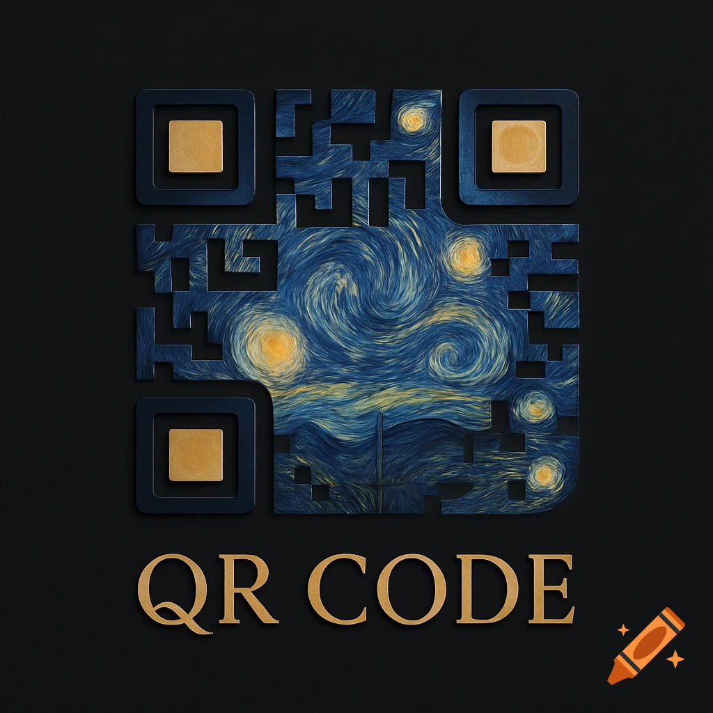 A stylized QR code logo featuring Van Gogh's 'The Starry Night' painting and 'QR CODE' text, on a black background.