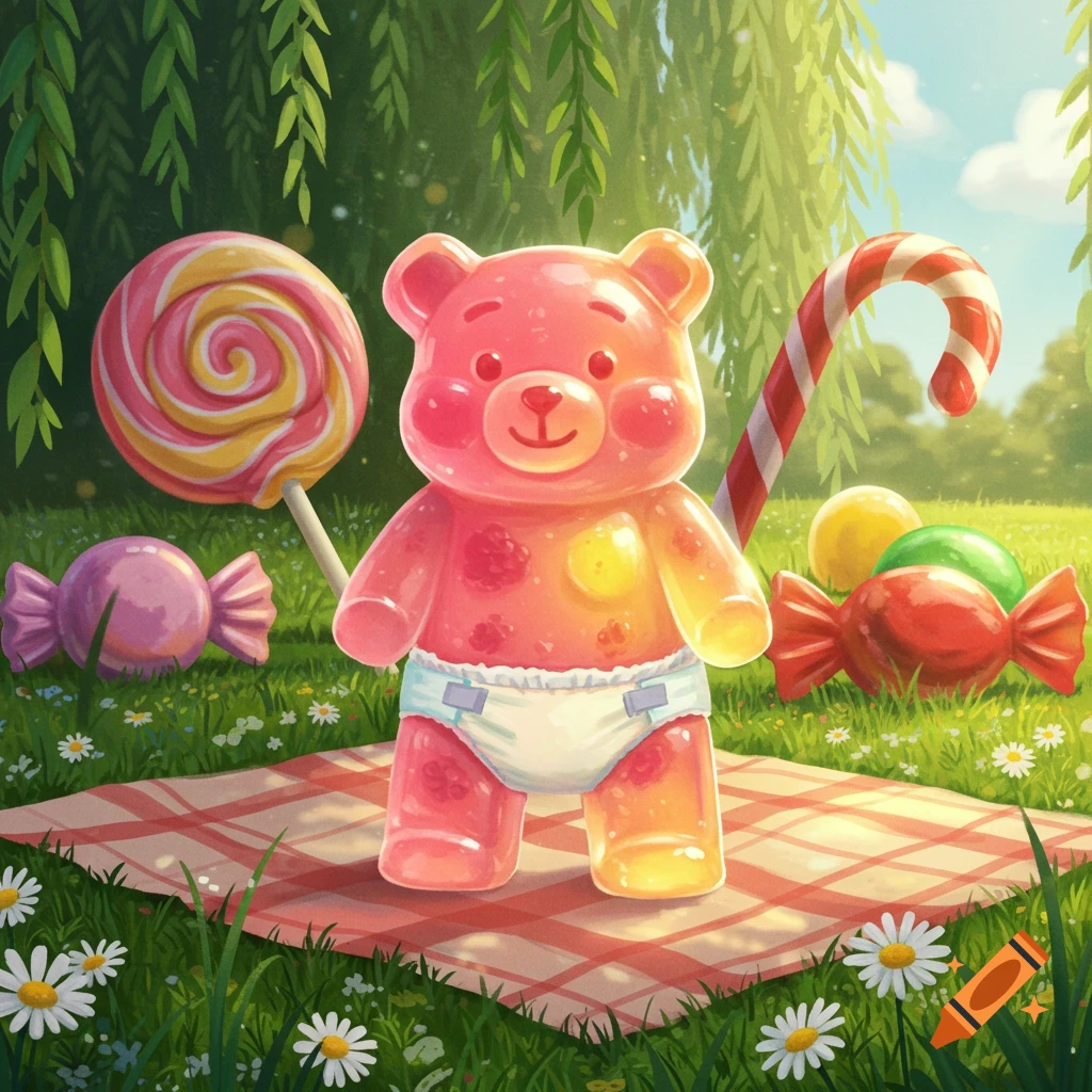 Whimsical illustration of a pink and yellow gummy bear in a diaper, on a picnic blanket with candies and a lollipop in a sunny meadow.