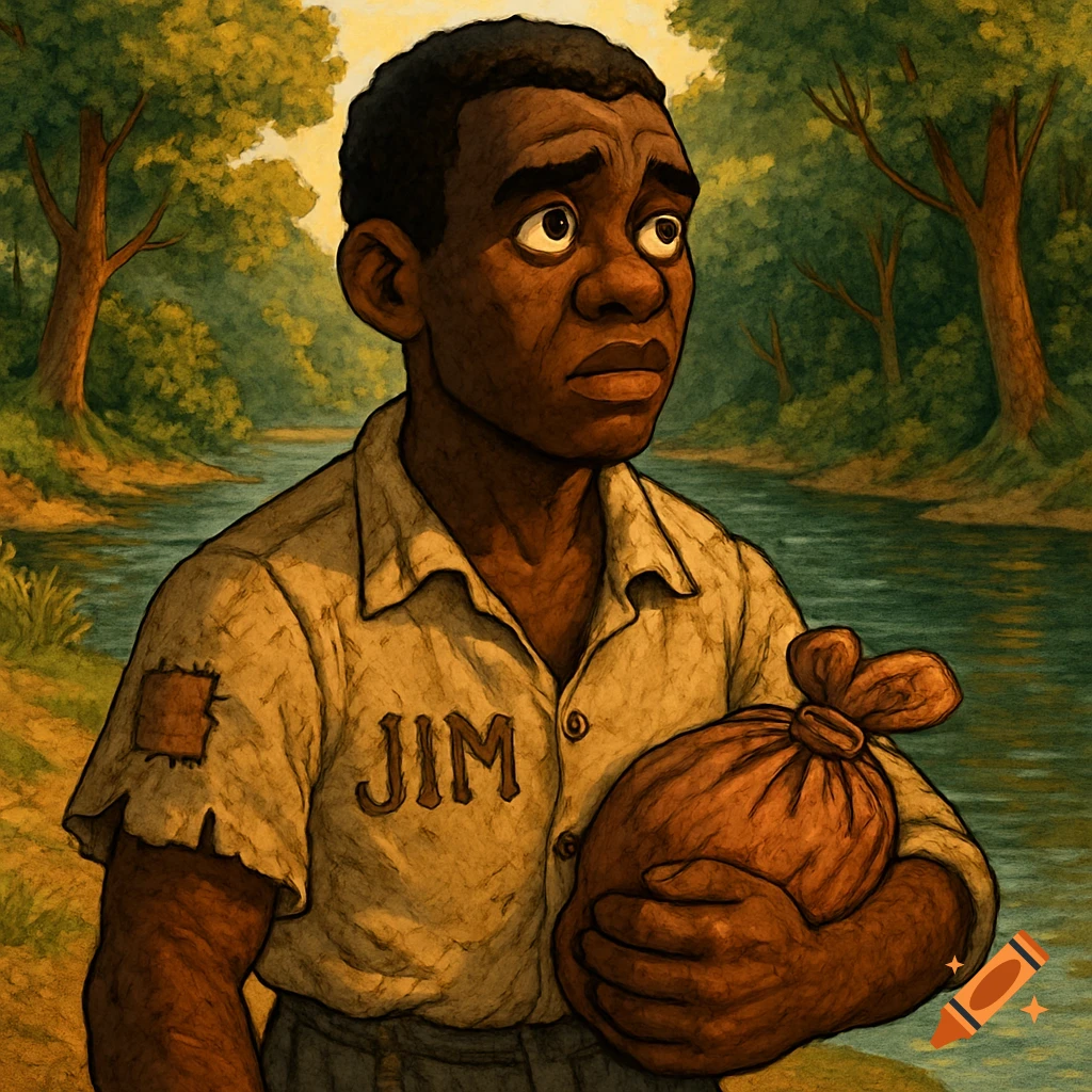 A worried, dark-skinned man in a tattered shirt with 'JIM' on it, holding a bundle by a river, in a 2D illustrated style.