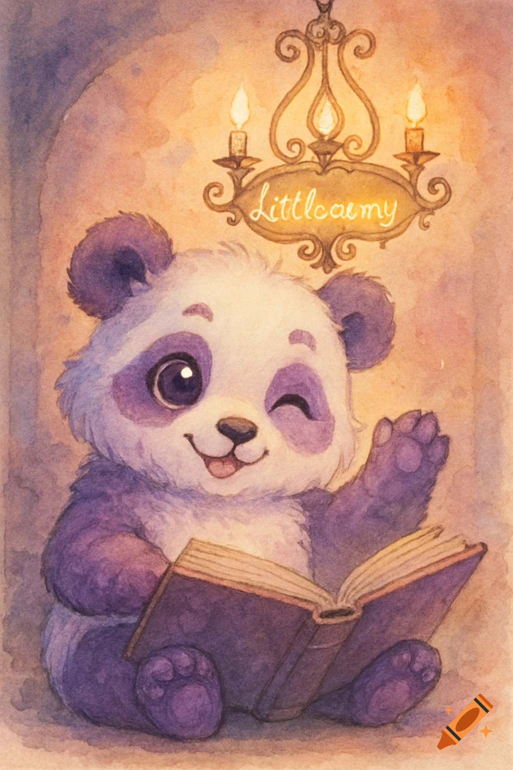 Cute purple and white watercolor panda winking, waving, and reading a book under a chandelier with 'Litllearmy' written on it.