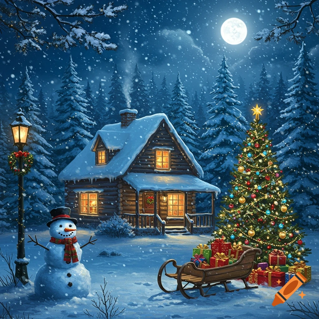 A magical snowy Christmas night scene with a cozy cabin, a snowman, an illuminated Christmas tree, and a sleigh of gifts under a full moon.