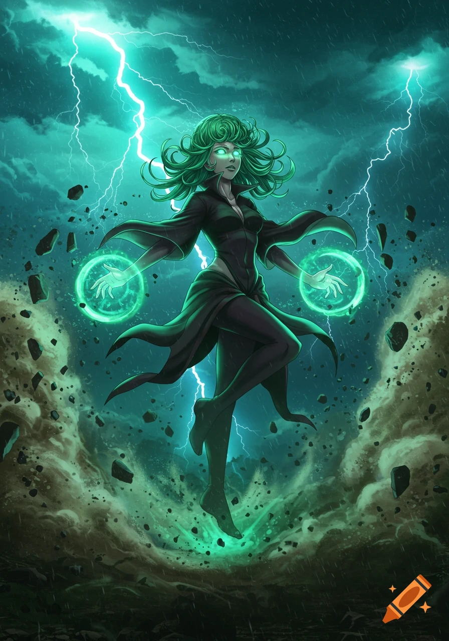 Anime illustration of Tatsumaki, a green-haired character, levitating and wielding green energy in a stormy sky with lightning.