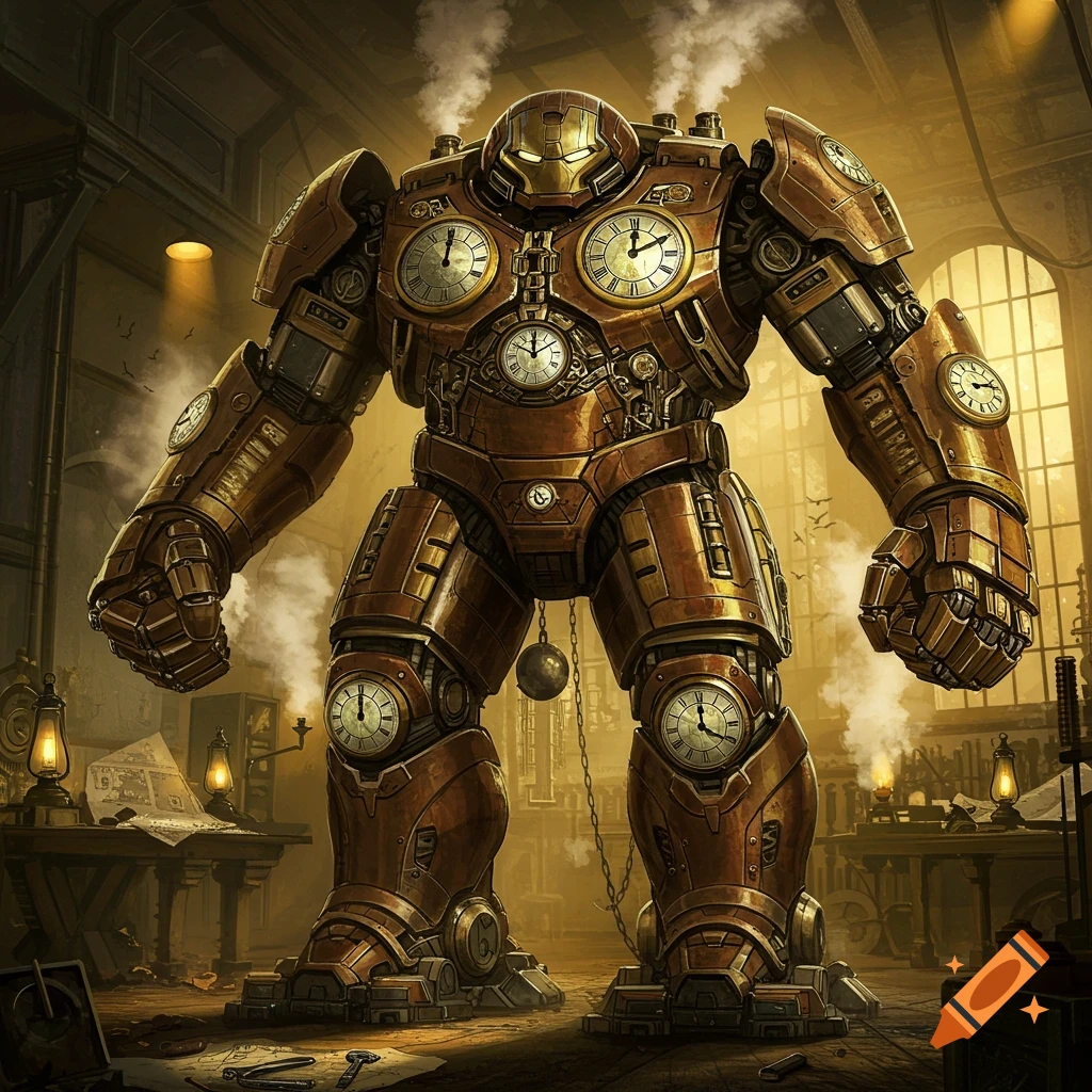 A massive bronze clockwork Hulkbuster-like mech stands in a smoky, industrial steampunk workshop.