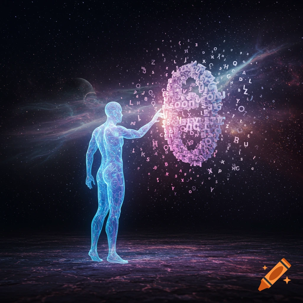 A glowing blue holographic human figure interacts with a swirling vortex of purple and pink alphabet letters in a cosmic, starry space.