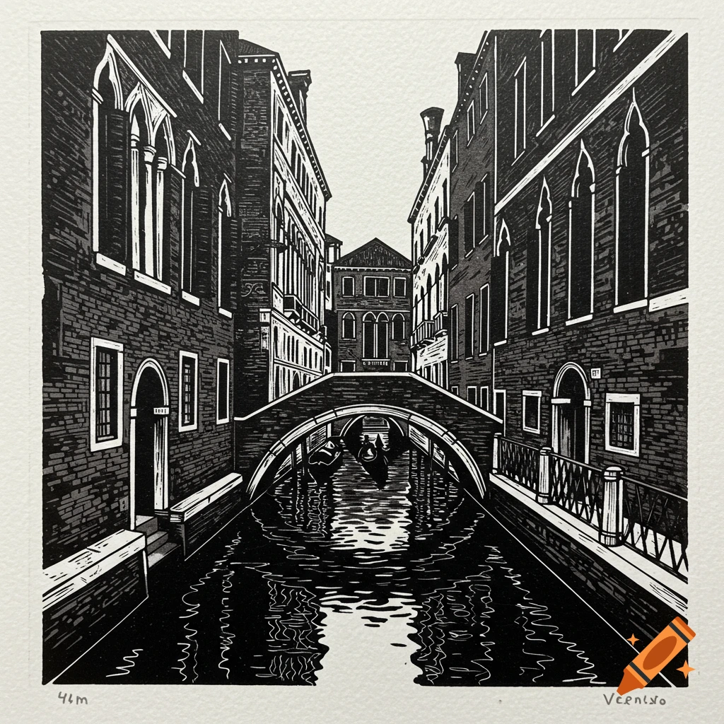Black and white linocut illustration of a narrow Venetian canal, arched bridge, and tall buildings.