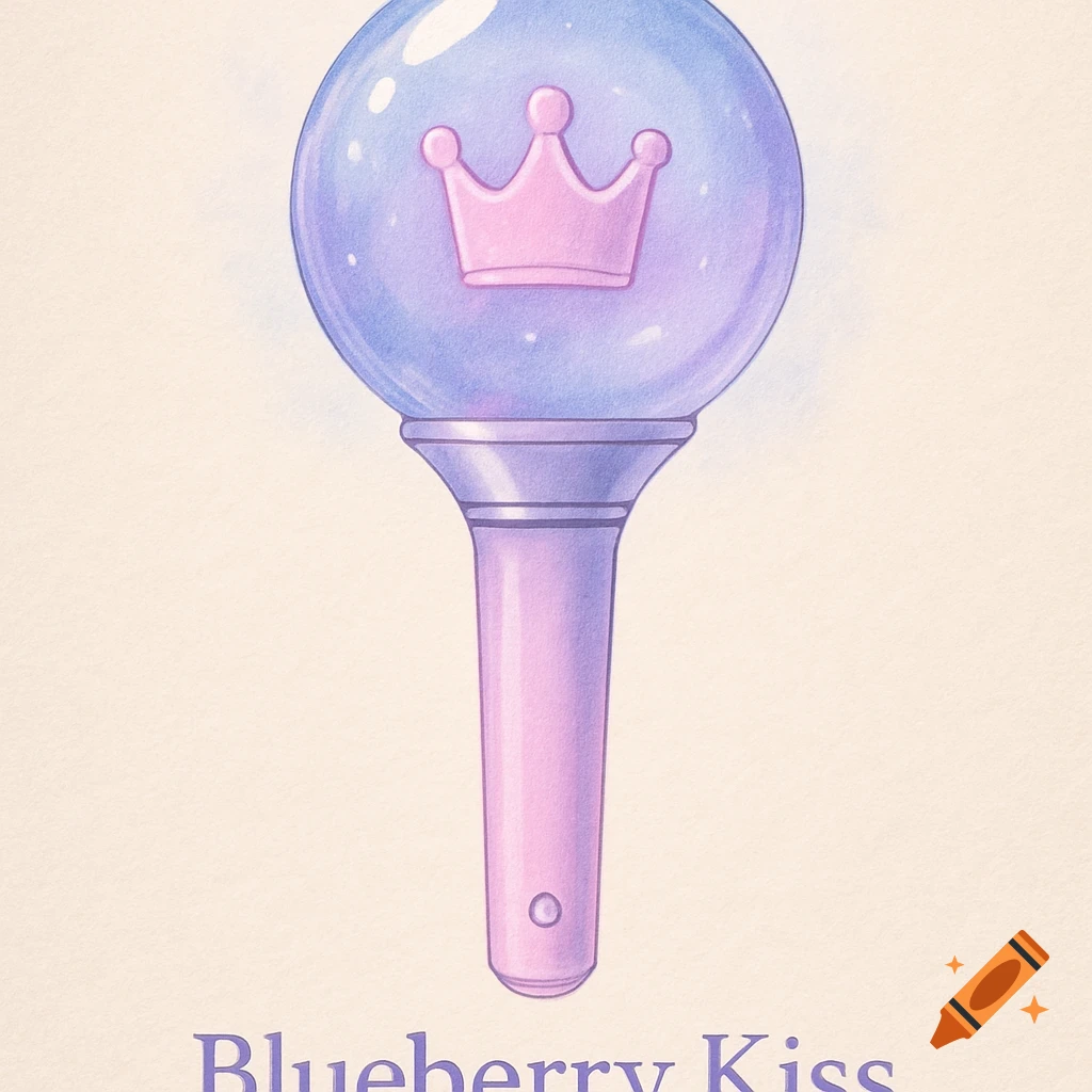 A pastel illustration of a K-pop light stick with a blue and purple orb, a pink crown inside, and "Blueberry Kiss" text below.