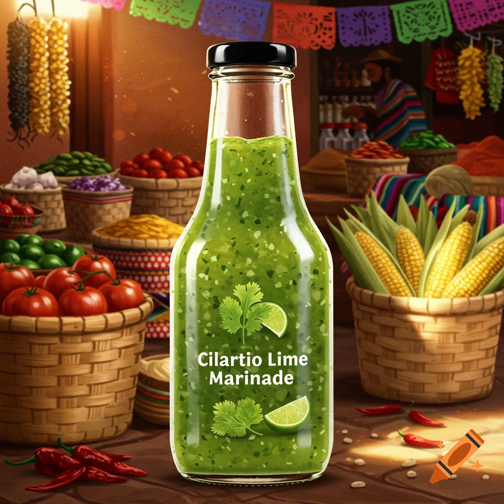 A vibrant green bottle of 'Cilartio Lime Marinade' in a bustling Mexican farmers market with fresh produce.