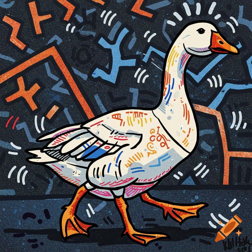 A white goose with colorful abstract patterns in Keith Haring's style walks against a dark, patterned background.