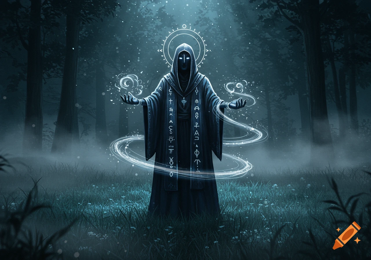 A dark, hooded figure with glowing white eyes and a halo stands in a misty forest, conjuring glowing blue magic.