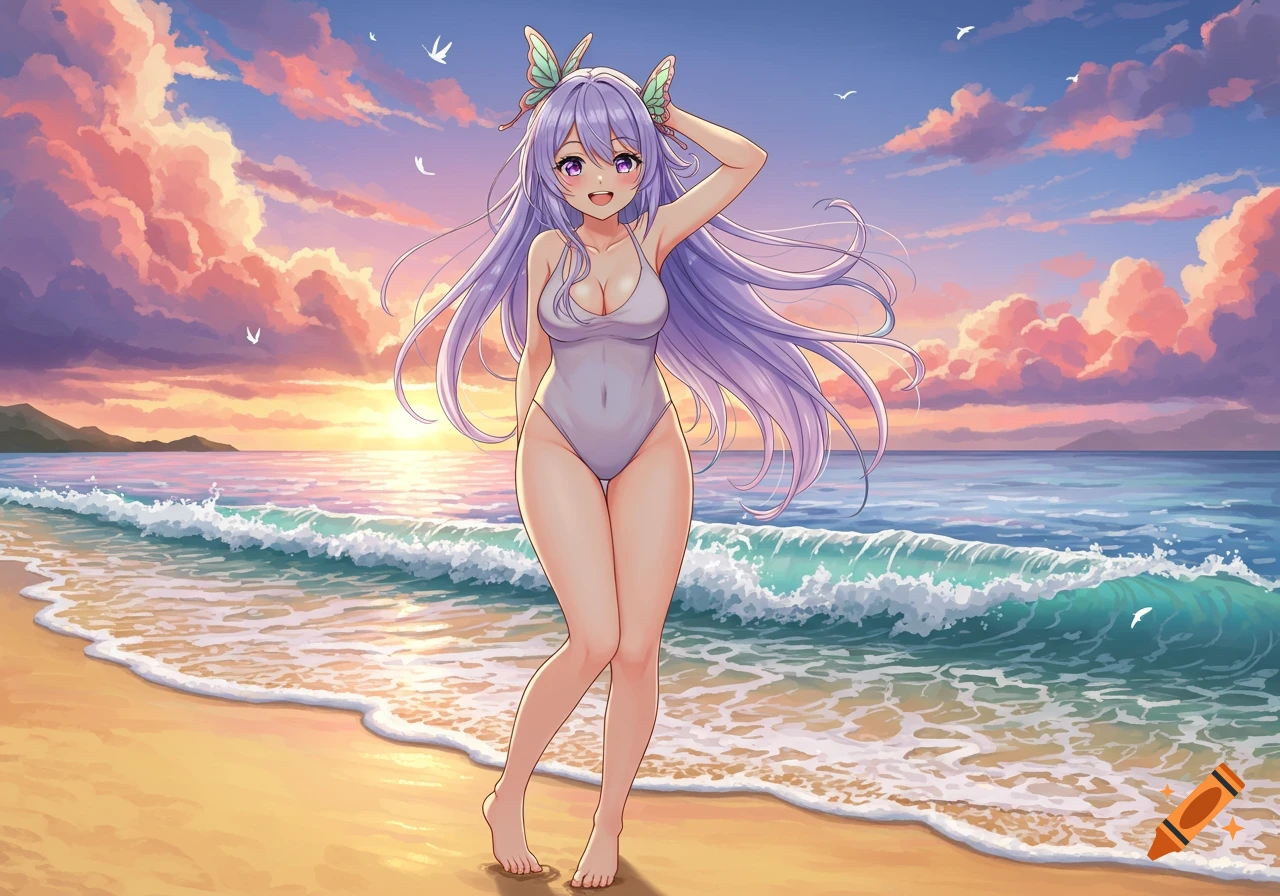 Anime girl with long purple hair and butterfly hair ornaments smiles on a sunset beach in a swimsuit.